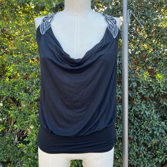 Vintage Y2K Black Twenty One Silver Embroidered Racerback Draped Black Tank Top - Picture 2 of 6